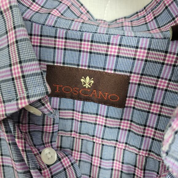 Toscano Mens Shirt Size Medium Blue Pink Plaid Button Down Long Sleeve Collared - Picture 4 of 7
